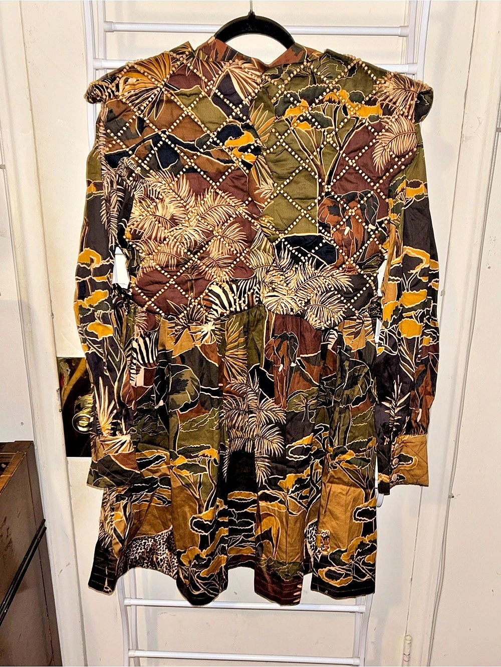 FARM Rio Savana Dream Matelassé Yoke Mini Dress L Safari Boho Tropical - Picture 3 of 6
